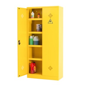 Vista de 3/4 del armario productos químicos ancho 92cm con una puerta abierta con accesorios Vista de 3/4 del armario productos químicos ancho 92cm con una puerta abierta con accesorios